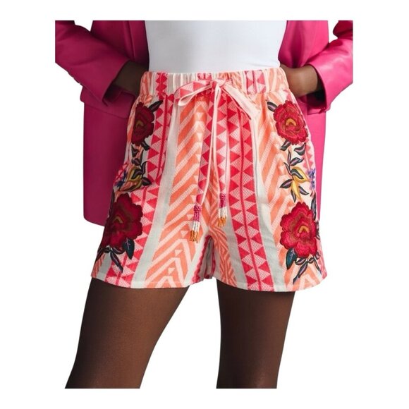FARM Rio Anthropologie Red Embroidery Rose Printed Shorts Small Elastic Tie - Picture 1 of 14